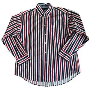 NWOT‎ Tommy Hilfiger Men's L Button Down Shirt Red White Blue Stripe Cotton